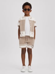 Reiss Taupe/Optic White Catch Senior Velour Drawstring Shorts - Image 1 of 4