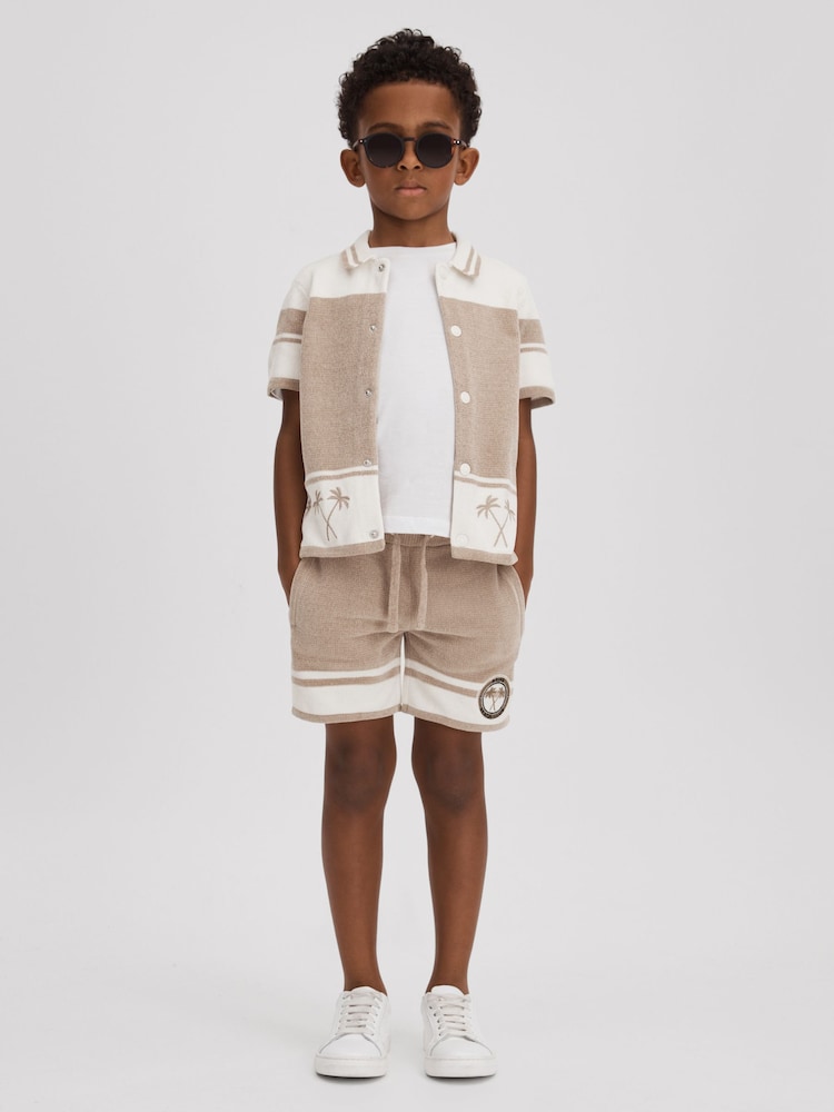 Reiss Taupe/Optic White Catch Senior Velour Drawstring Shorts - Image 1 of 4