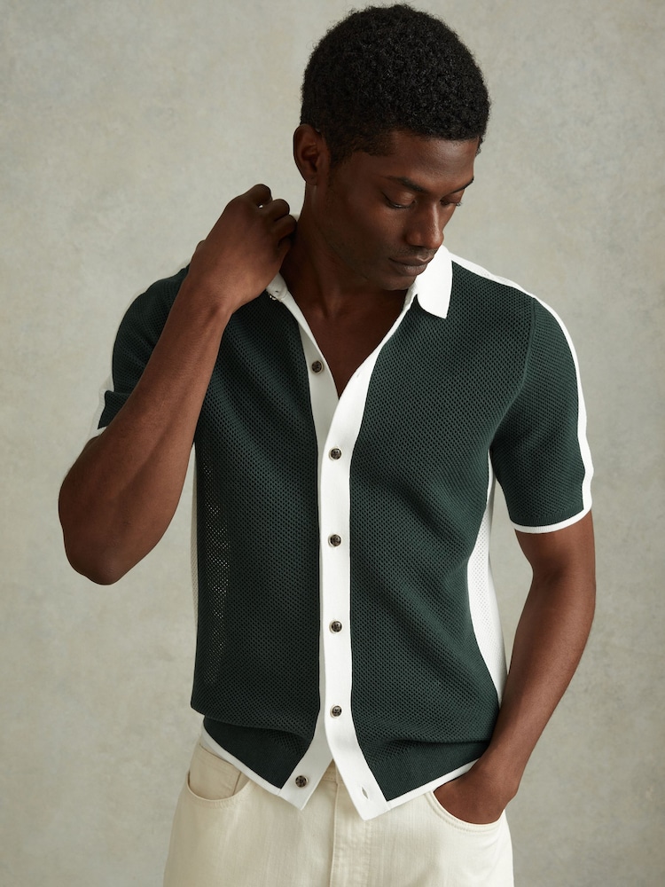 Reiss Green/Optic White Misto Cotton Blend Open Stitch Shirt - Image 1 of 6