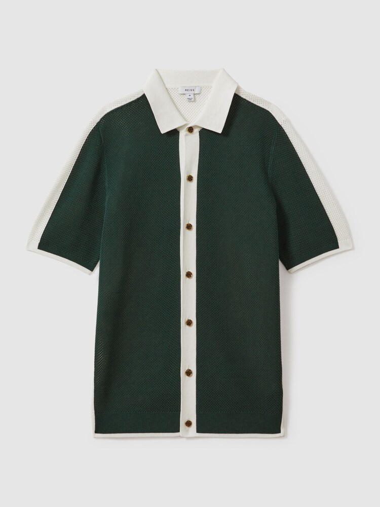 Reiss Green/Optic White Misto Cotton Blend Open Stitch Shirt - Image 2 of 6