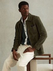 Reiss Green/Optic White Misto Cotton Blend Open Stitch Shirt - Image 4 of 6