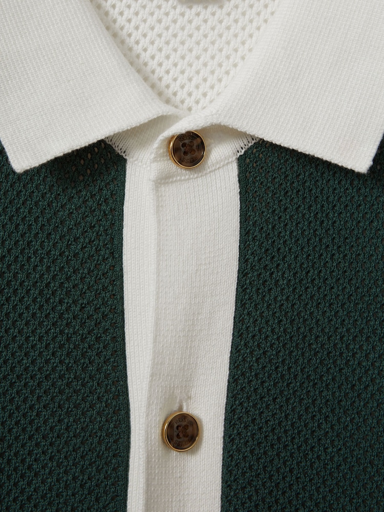 Reiss Green/Optic White Misto Cotton Blend Open Stitch Shirt - Image 6 of 6