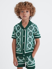 Reiss Green Multi Hyde 3-9 yrs Knitted Cuban Collar Button-Through Shirt - Image 1 of 6