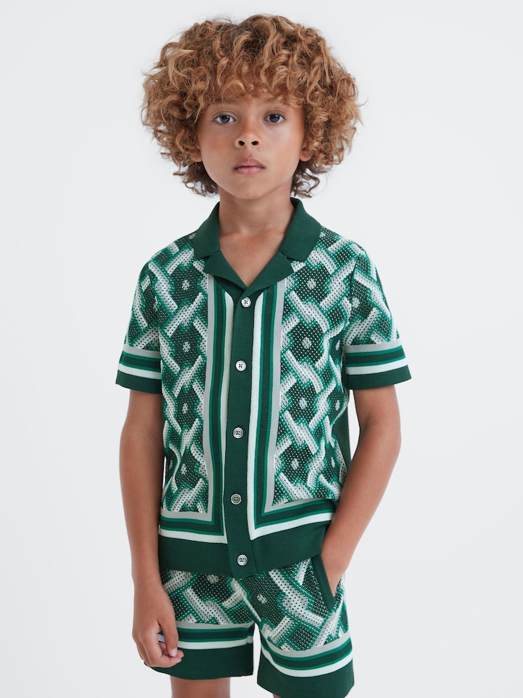 Reiss Green Multi Hyde 3-9 yrs Knitted Cuban Collar Button-Through Shirt - Image 1 of 6