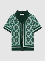 Reiss Green Multi Hyde 3-9 yrs Knitted Cuban Collar Button-Through Shirt - Image 2 of 6