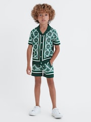 Reiss Green Multi Hyde 3-9 yrs Knitted Cuban Collar Button-Through Shirt - Image 3 of 6
