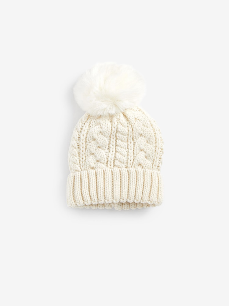 White Cable Knit Pom Pom Beanie Hat (3mths-16yrs) - Image 1 of 2 White Cable Knit Pom Pom Beanie Hat (3mths-16yrs) - Image 1 of 2