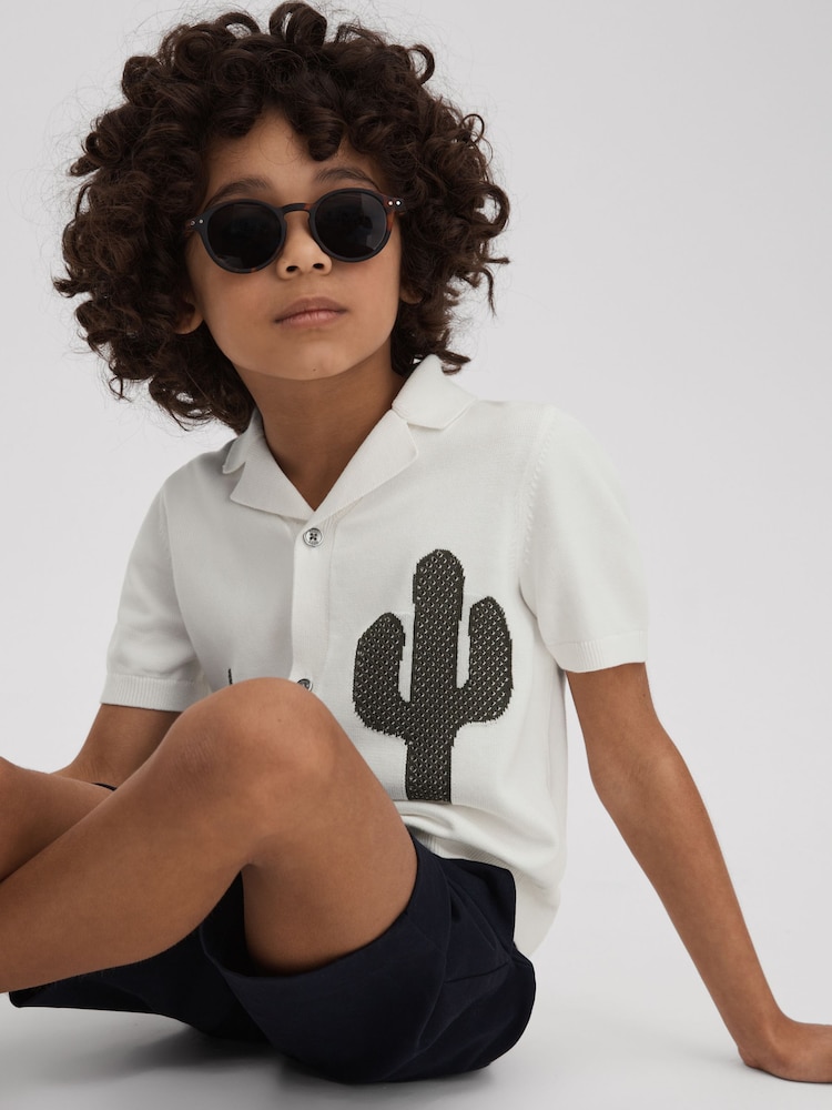 Reiss Ecru/Green Takla 9-13 yrs Knitted Cactus Cuban Collar Shirt - Image 1 of 4
