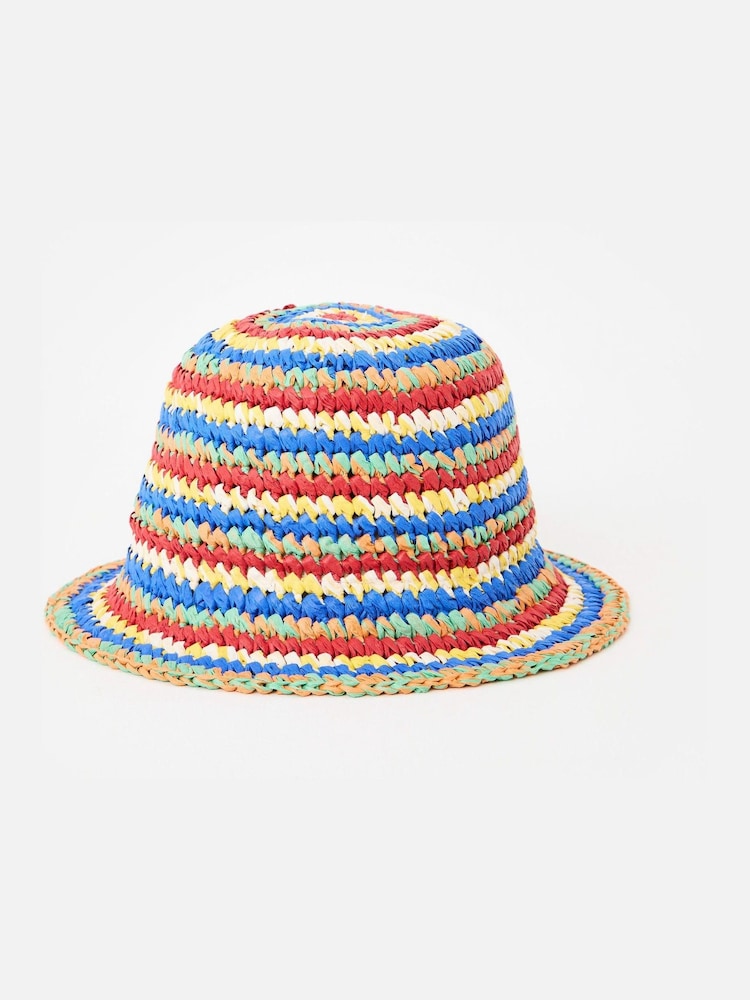 Oliver Bonas Blue Multicoloured Striped Straw Bucket Hat - Image 1 of 4 Oliver Bonas Blue Multicoloured Striped Straw Bucket Hat - Image 1 of 4