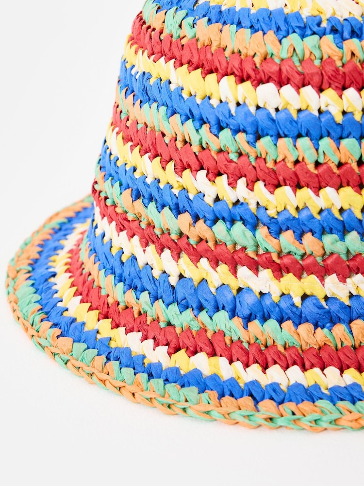 Oliver Bonas Blue Multicoloured Striped Straw Bucket Hat - Image 2 of 4 Oliver Bonas Blue Multicoloured Striped Straw Bucket Hat - Image 2 of 4