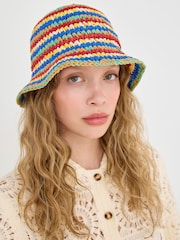 Oliver Bonas Blue Multicoloured Striped Straw Bucket Hat - Image 4 of 4