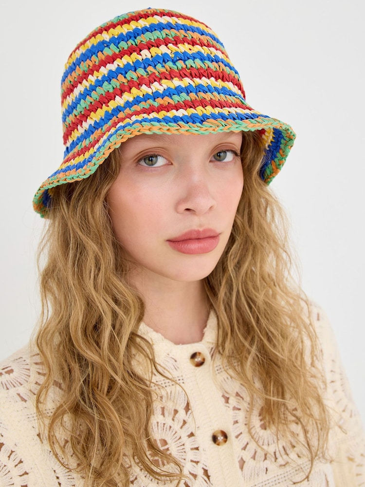 Oliver Bonas Blue Multicoloured Striped Straw Bucket Hat - Image 4 of 4 Oliver Bonas Blue Multicoloured Striped Straw Bucket Hat - Image 4 of 4