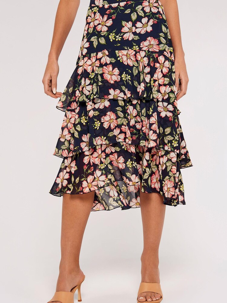 Apricot Black Multi Soft Floral Chiffon Tiered Skirt - Image 1 of 4