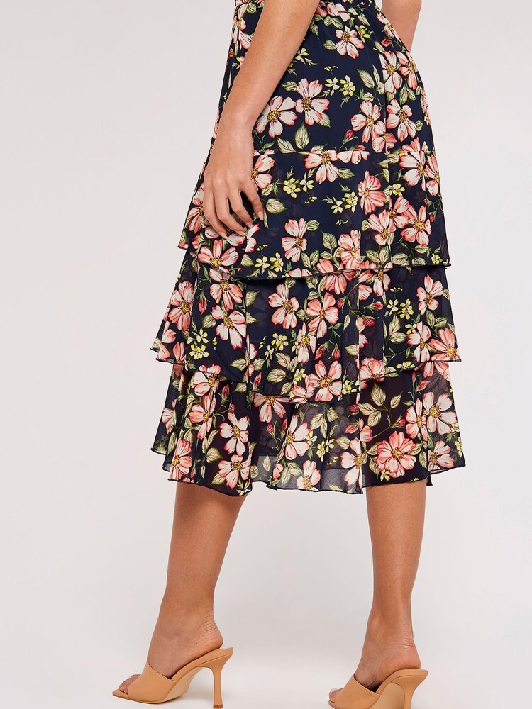 Apricot Black Multi Soft Floral Chiffon Tiered Skirt - Image 2 of 4 Apricot Black Multi Soft Floral Chiffon Tiered Skirt - Image 2 of 4