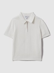 Reiss Optic White Burnham 3-9 yrs Textured Half-Zip Polo T-Shirt - Image 1 of 4
