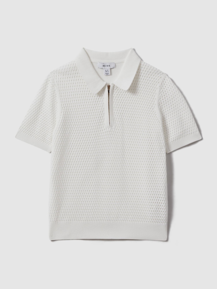 Reiss Optic White Burnham 3-9 yrs Textured Half-Zip Polo T-Shirt - Image 1 of 4