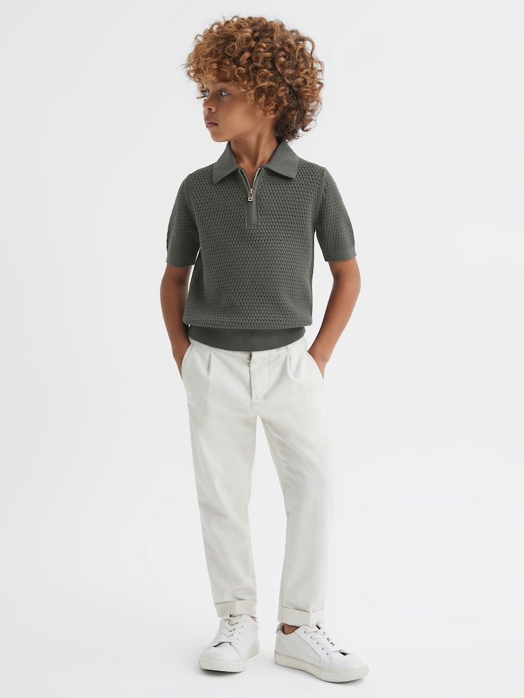 Reiss Dark Sage Burnham 3-9 yrs Textured Half-Zip Polo T-Shirt - Image 1 of 6
