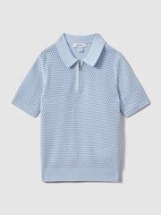 Reiss Soft Blue Burnham Senior Textured Half-Zip Polo T-Shirt - Image 2 of 4