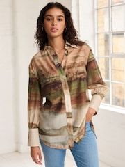 Green Scenic Print Sheer Long Sleeve Oversized Shirt - Image 1 of 6