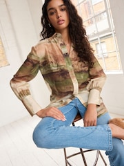 Green Scenic Print Sheer Long Sleeve Oversized Shirt - Image 2 of 6