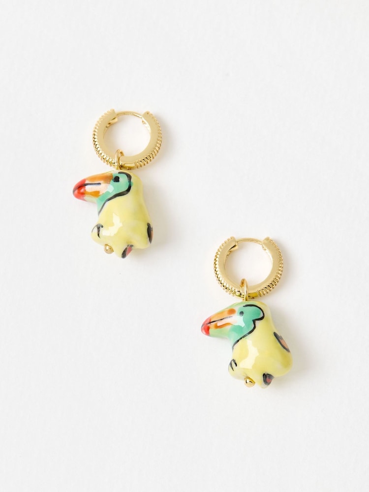 Oliver Bonas Yellow Uma Parrot Charm Drop Huggie Earrings - Image 2 of 5 Oliver Bonas Yellow Uma Parrot Charm Drop Huggie Earrings - Image 2 of 5