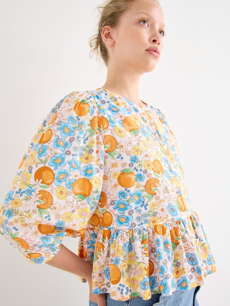 Oliver Bonas Blue Floral & Orange Print Peplum Blouse - Image 1 of 8 Oliver Bonas Blue Floral & Orange Print Peplum Blouse - Image 1 of 8