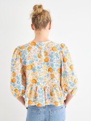 Oliver Bonas Blue Floral & Orange Print Peplum Blouse - Image 2 of 8