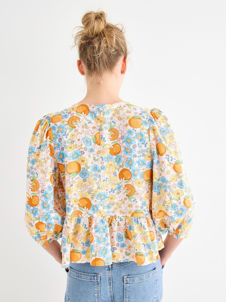 Oliver Bonas Blue Floral & Orange Print Peplum Blouse - Image 2 of 8 Oliver Bonas Blue Floral & Orange Print Peplum Blouse - Image 2 of 8