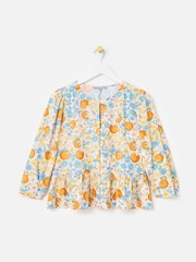 Oliver Bonas Blue Floral & Orange Print Peplum Blouse - Image 3 of 8