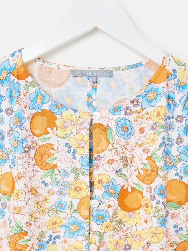 Oliver Bonas Blue Floral & Orange Print Peplum Blouse - Image 8 of 8 Oliver Bonas Blue Floral & Orange Print Peplum Blouse - Image 8 of 8