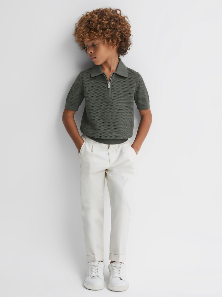 Reiss Dark Sage Burnham Senior Textured Half-Zip Polo T-Shirt - Image 1 of 6