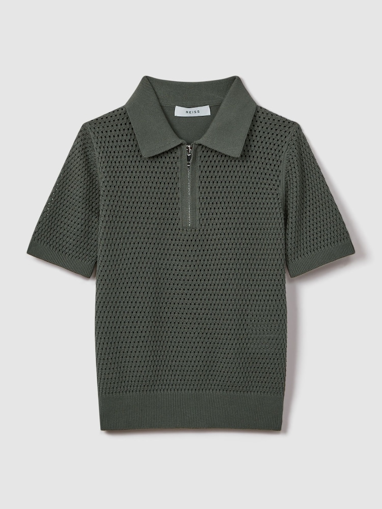 Reiss Dark Sage Burnham Senior Textured Half-Zip Polo T-Shirt - Image 2 of 6