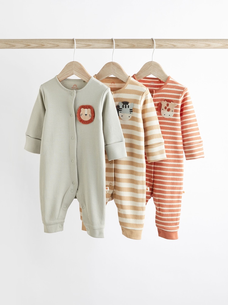 Neutral Lion Printed Baby 100% Cotton Sleepsuits 3 Pack (0mths-3yrs) - Image 1 of 8
