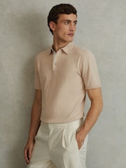 Reiss Camel Finch Cotton Blend Contrast Polo Shirt - Image 1 of 5