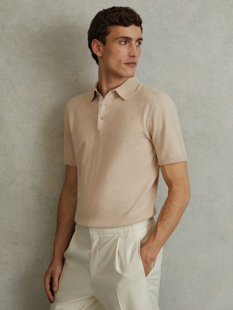 Reiss Camel Finch Cotton Blend Contrast Polo Shirt - Image 1 of 5