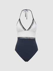 Reiss Navy Ray Colourblock Halter Swimsuit - Image 2 of 4