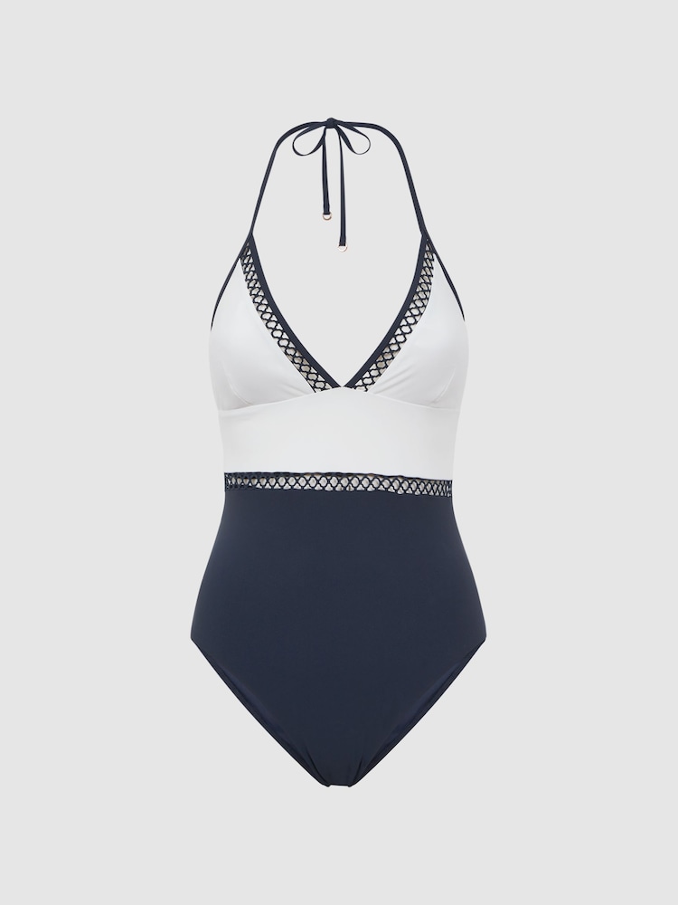 Reiss Navy Ray Colourblock Halter Swimsuit - Image 2 of 4