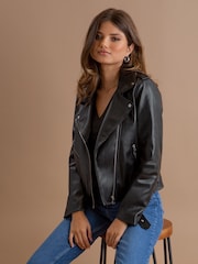 Pour Moi Black Michelle Vegan Leather Fuller Bust Biker Jacket - Image 1 of 5