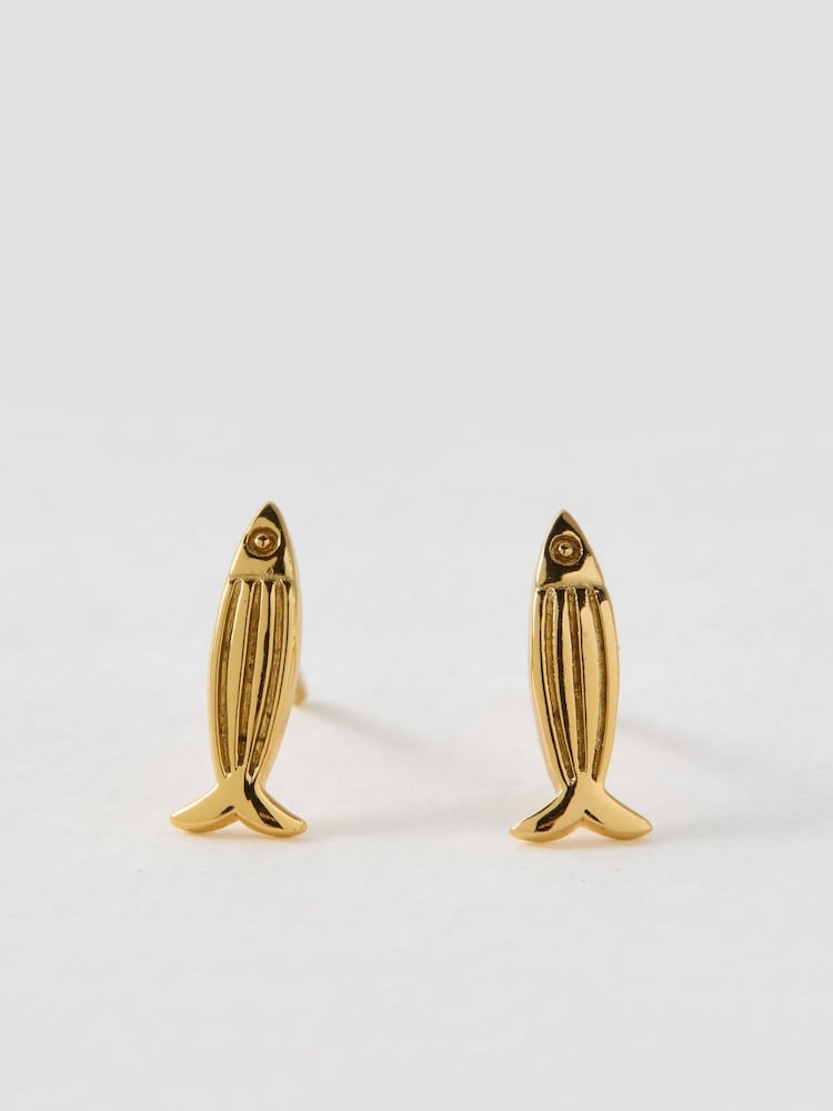 Oliver Bonas Gold Otto Textured Fish Gold Plated Stud Earrings - Image 1 of 3 Oliver Bonas Gold Otto Textured Fish Gold Plated Stud Earrings - Image 1 of 3