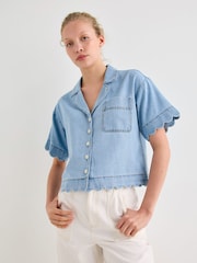 Oliver Bonas Blue Light Blue Denim Scalloped Short Sleeve Shirt - Image 1 of 8