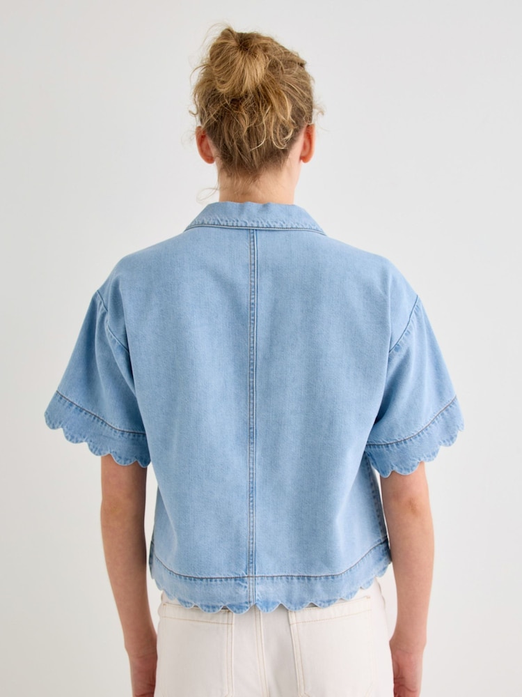 Oliver Bonas Blue Light Blue Denim Scalloped Short Sleeve Shirt - Image 2 of 8