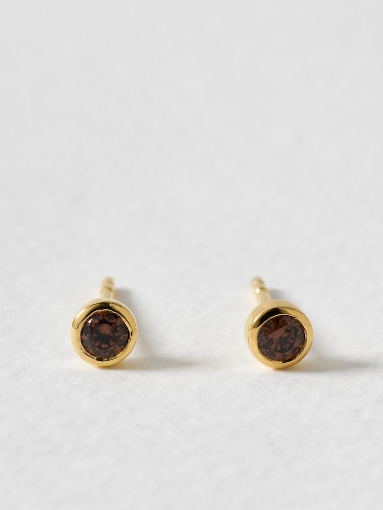 Oliver Bonas Brown Nina Brown Stone Gold Plated Stud Earrings - Image 1 of 3 Oliver Bonas Brown Nina Brown Stone Gold Plated Stud Earrings - Image 1 of 3