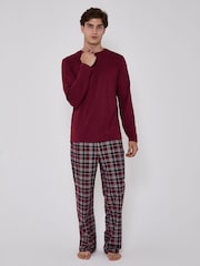 Loungeable Red Crew Neck Jersey Microfleece Long Top And Trousers Pyjama Set - Image 1 of 5