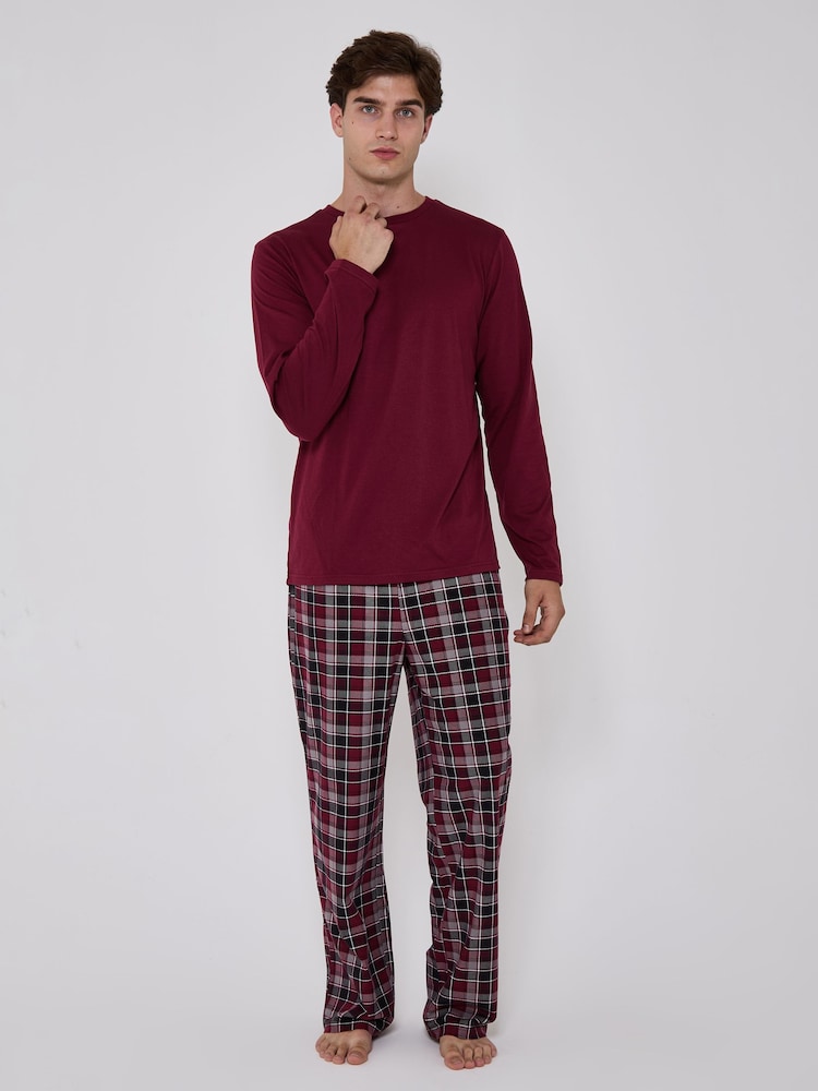 Loungeable Red Crew Neck Jersey Microfleece Long Top And Trousers Pyjama Set - Image 1 of 5 Loungeable Red Crew Neck Jersey Microfleece Long Top And Trousers Pyjama Set - Image 1 of 5