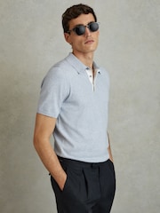 Reiss Soft Blue Melange Finch Cotton Blend Contrast Polo Shirt - Image 1 of 6