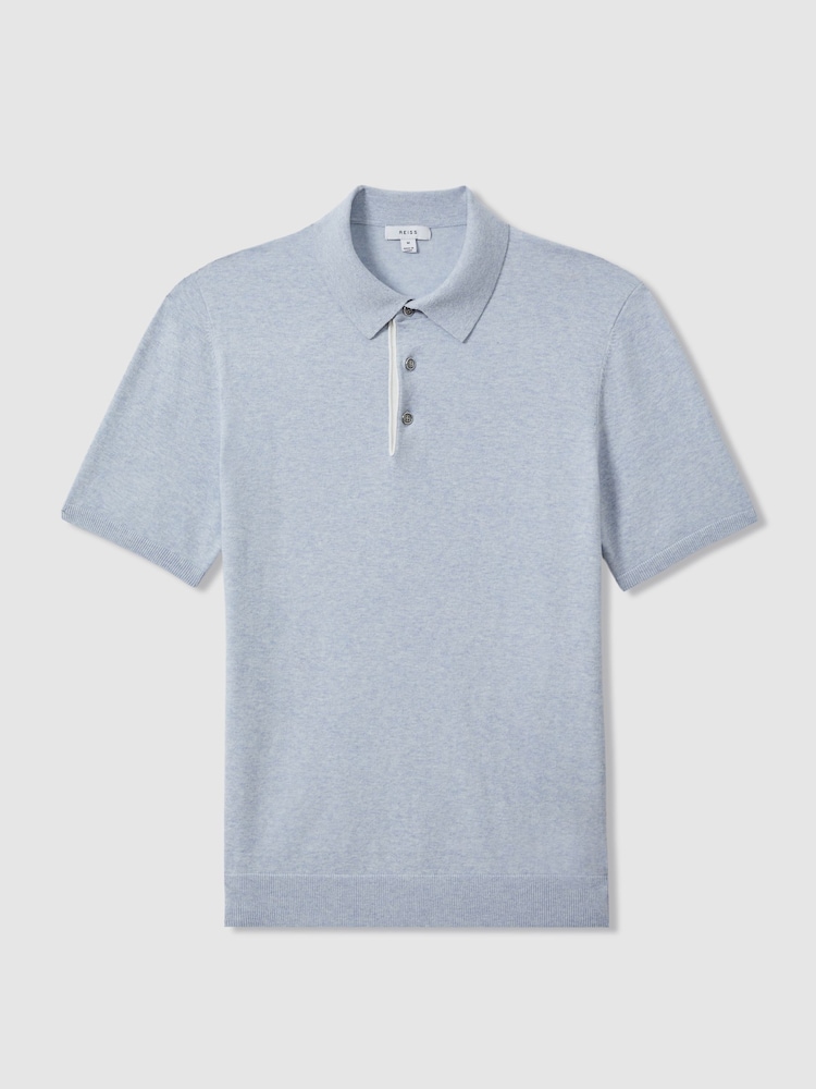 Reiss Soft Blue Melange Finch Cotton Blend Contrast Polo Shirt - Image 2 of 6