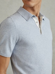 Reiss Soft Blue Melange Finch Cotton Blend Contrast Polo Shirt - Image 3 of 6