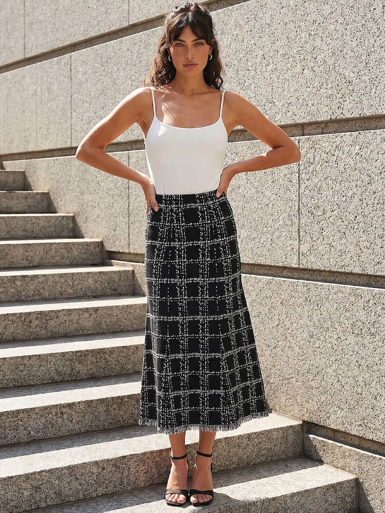 Roman Black Knit Tweed Midi Skirt - Image 2 of 4 Roman Black Knit Tweed Midi Skirt - Image 2 of 4