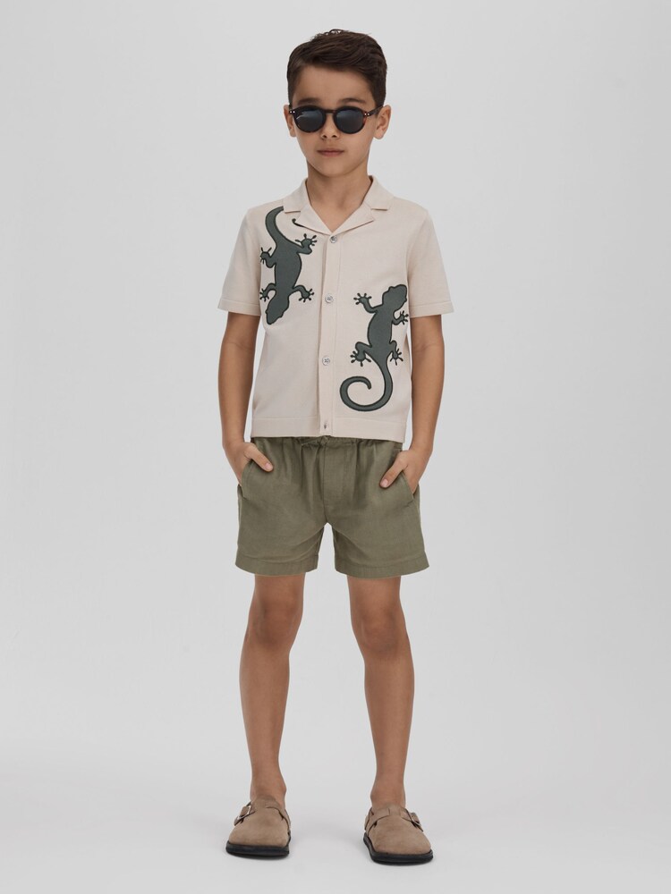 Reiss Stone/Green Reggie 3-9 yrs Knitted Reptile Cuban Collar Shirt - Image 1 of 4 Reiss Stone/Green Reggie 3-9 yrs Knitted Reptile Cuban Collar Shirt - Image 1 of 4