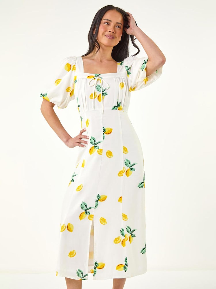 Roman White Petite Lemon Print Midi Dress - Image 1 of 5